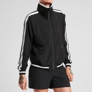 ATHLETA WOMENS TRACK JACKET FULL ZIP SZ M BLACK WHITE STRIPE